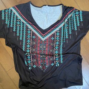 Casual Summer V Neck Short Sleeve Shirt Western Aztec Blue Coral Diamond Print